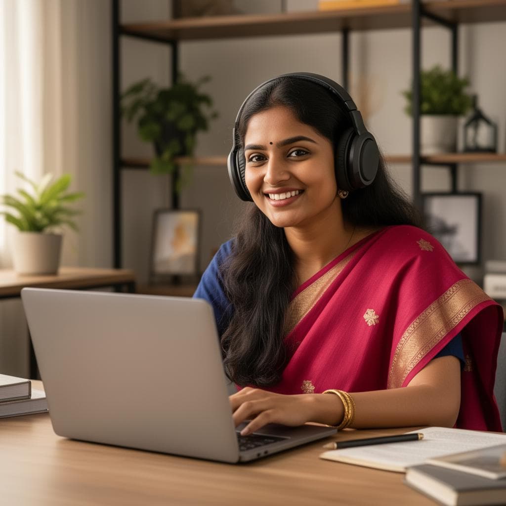 Indian adult learner speaking English in a live online class